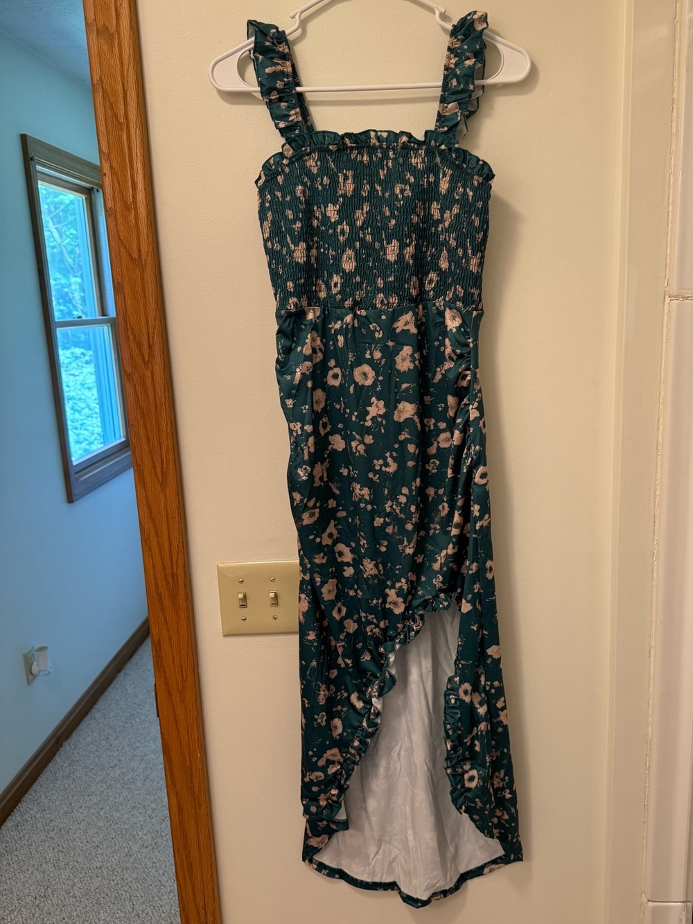 Teal Floral Ruffle Strap High-Low Dress